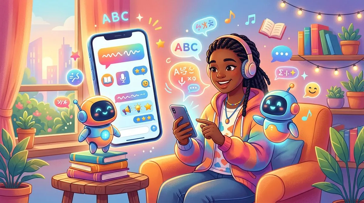 AI チャットと友達チャットを両方活用しながら英語練習をしている人のイラスト