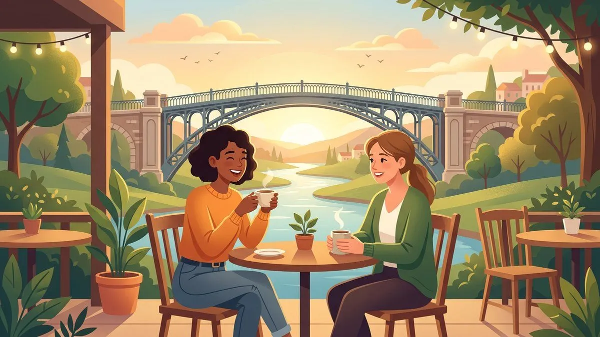 仲直りした友達が一緒にコーヒーを飲むイラスト