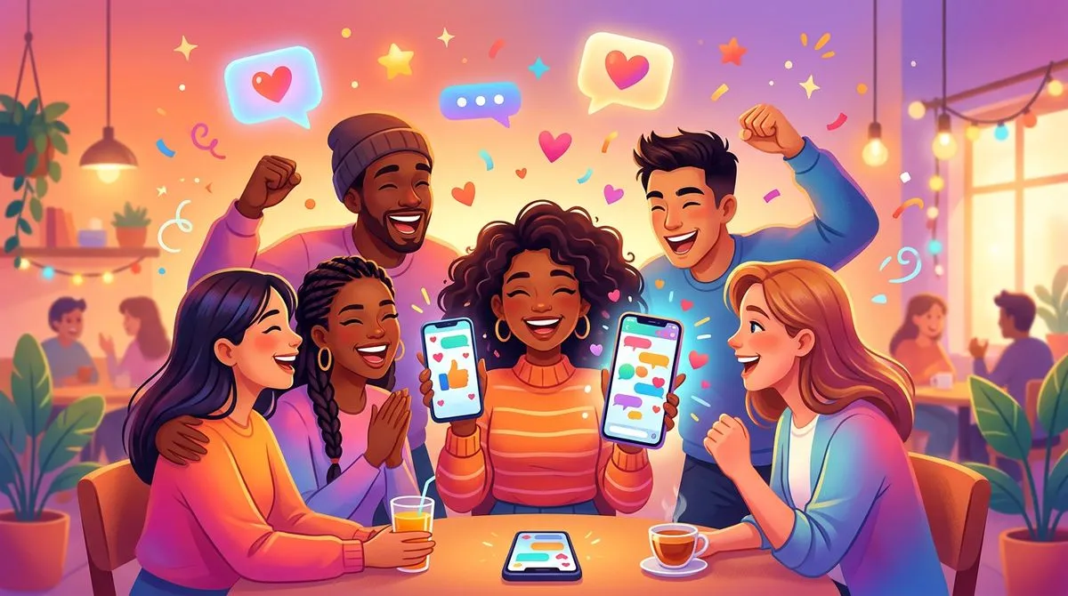 友達からいいニュースを聞いて喜んでいるイラスト