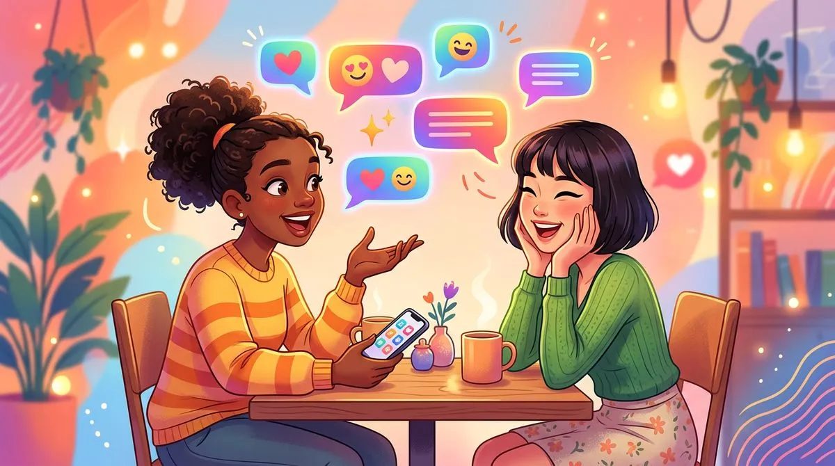 仲良く会話しながら身振り手振りを交えてやりとりする二人のイラスト