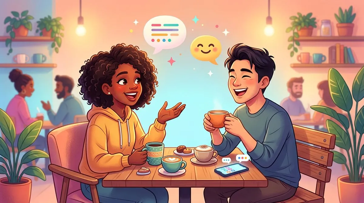 コーヒーを飲みながら友人と楽しそうに会話する人のイラスト