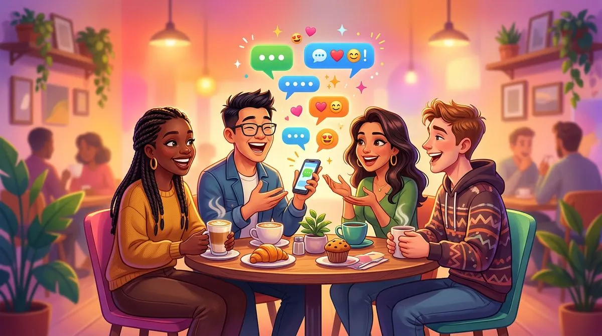 カフェで再会してコーヒーを飲みながら話す友人たちのイラスト