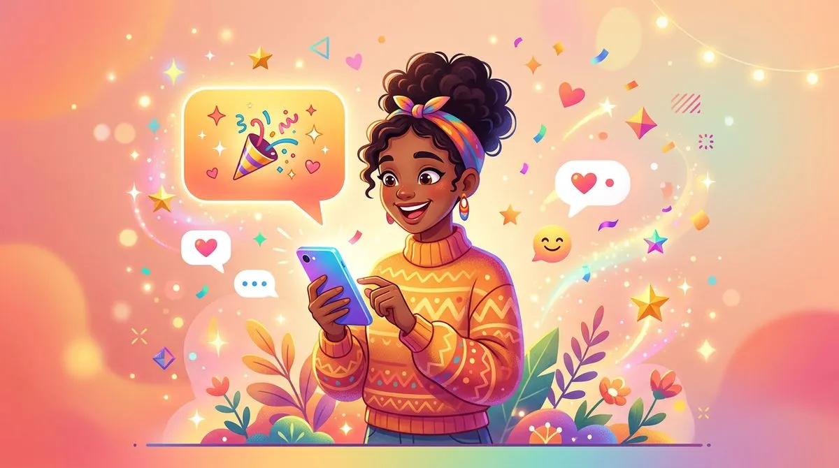 スマートフォンでお祝いメッセージを送る人のイラスト