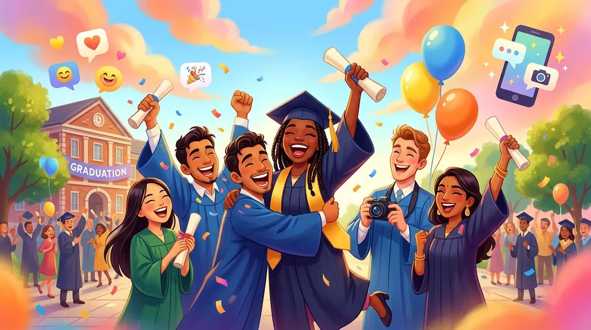 友達と一緒に卒業を祝うシーンのイラスト