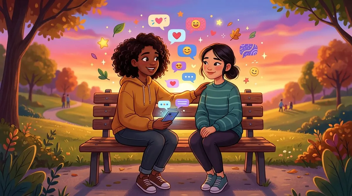 公園のベンチで友達と寄り添って座るイラスト