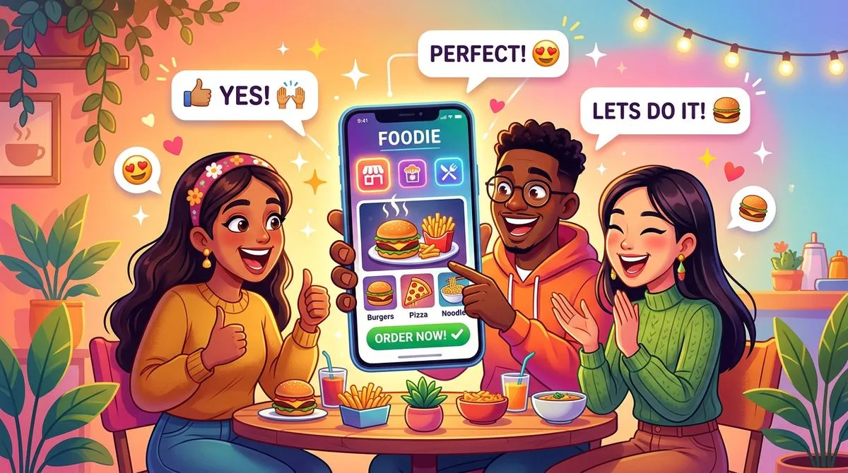 二人の友達がスマホでレストランを探しているイラスト