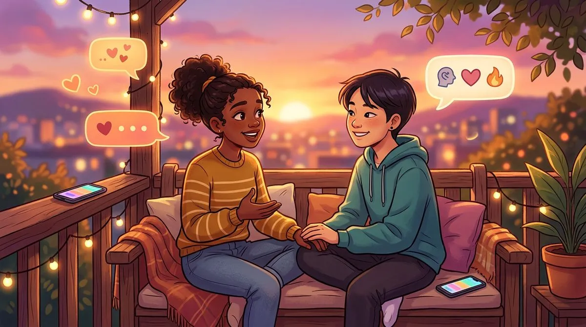 スマホでチャットしながら深く考えている人のイラスト