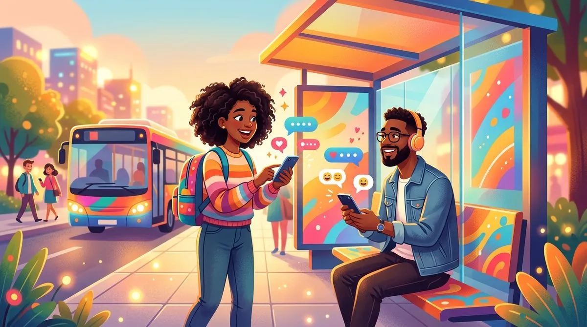 バス停で見知らぬ人に気軽に声をかけるイラスト