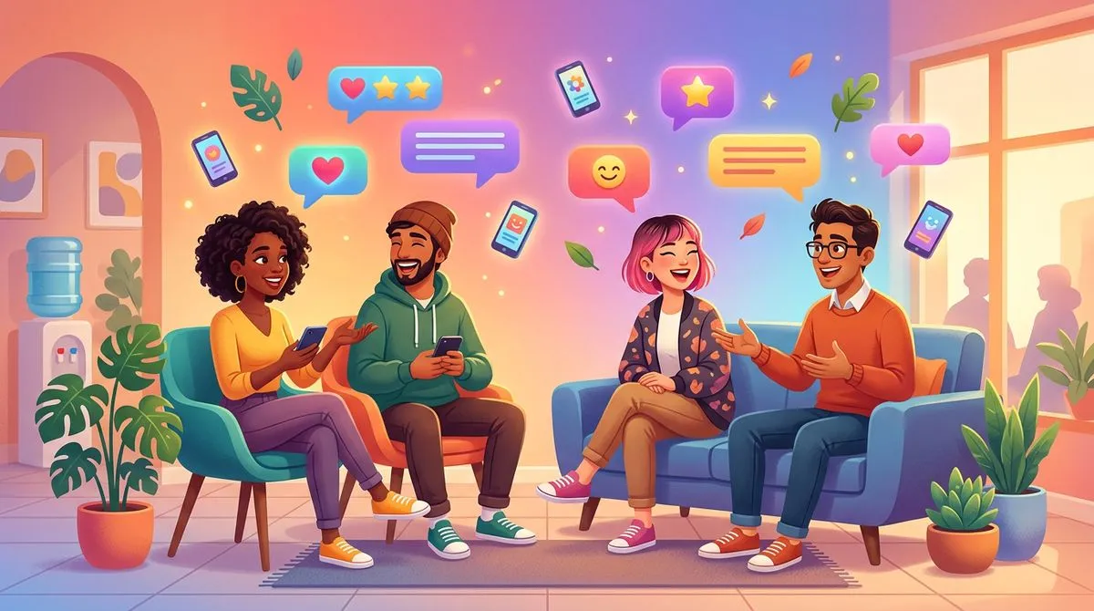 待合室で気軽に雑談する人たちのイラスト