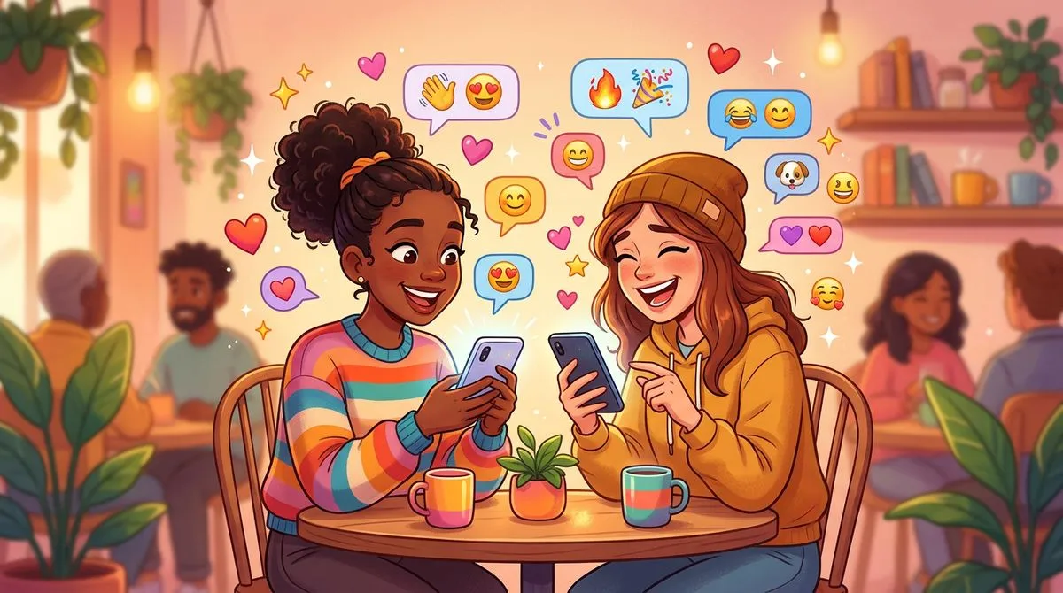 友達とスマホでメッセージを交わす温かいシーンのイラスト