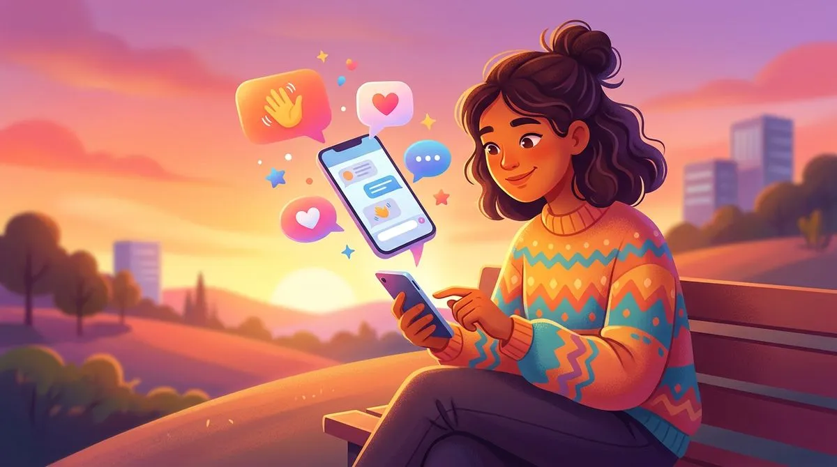 夕暮れ時にスマホでメッセージを送る人のイラスト