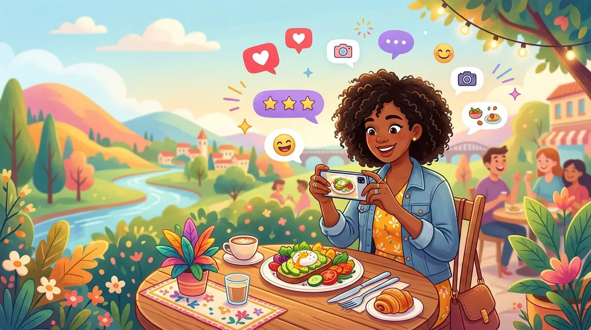 スマートフォンでSNS投稿を楽しむ人のイラスト