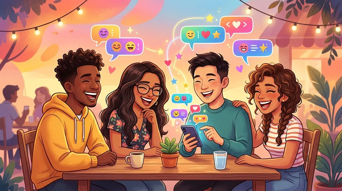 友達と一緒に笑って会話が盛り上がっているシーンのイラスト