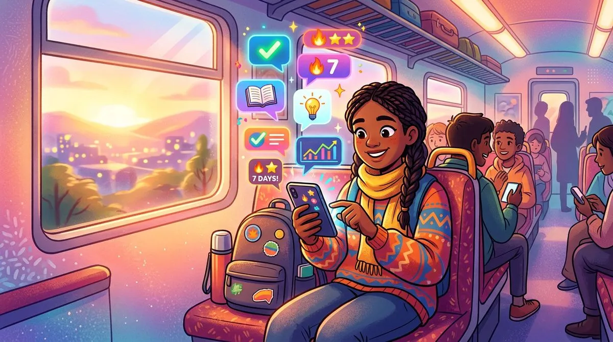 電車の中でスマートフォンを使って英語学習をしている様子のイラスト