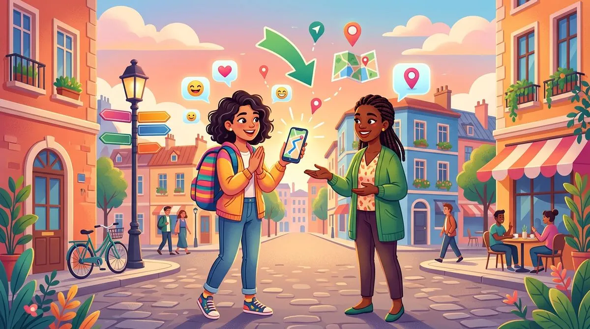 スマホの地図を見せながら案内するイラスト