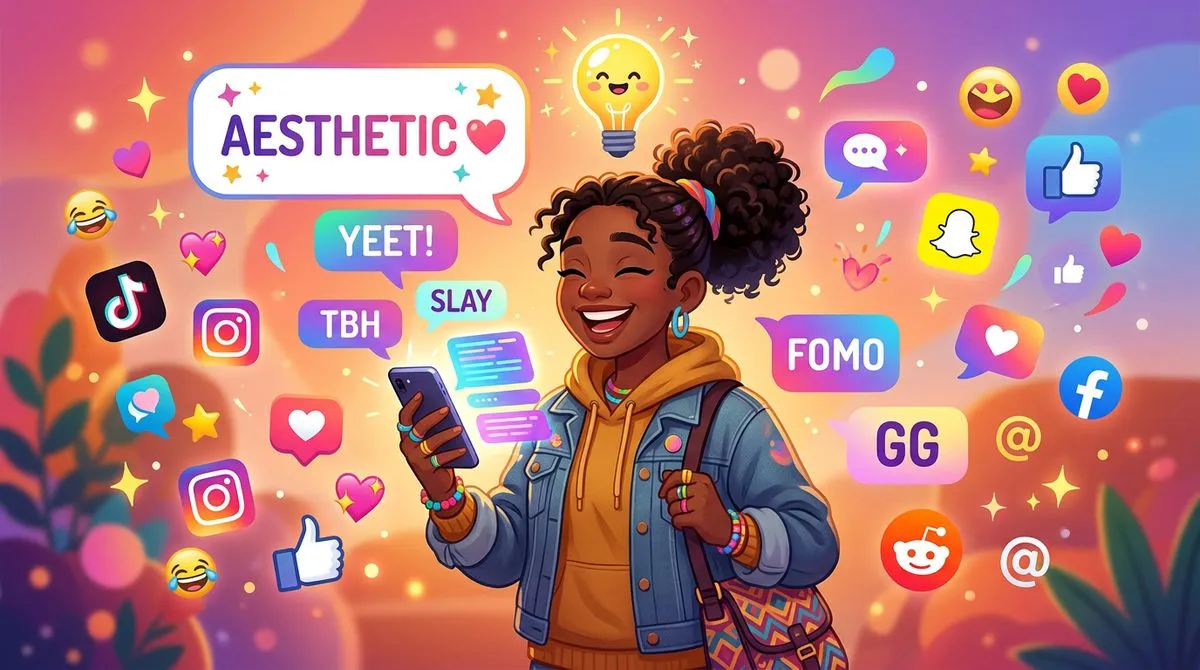 ネットスラングを理解してスマホで快速チャットしている人のイラスト