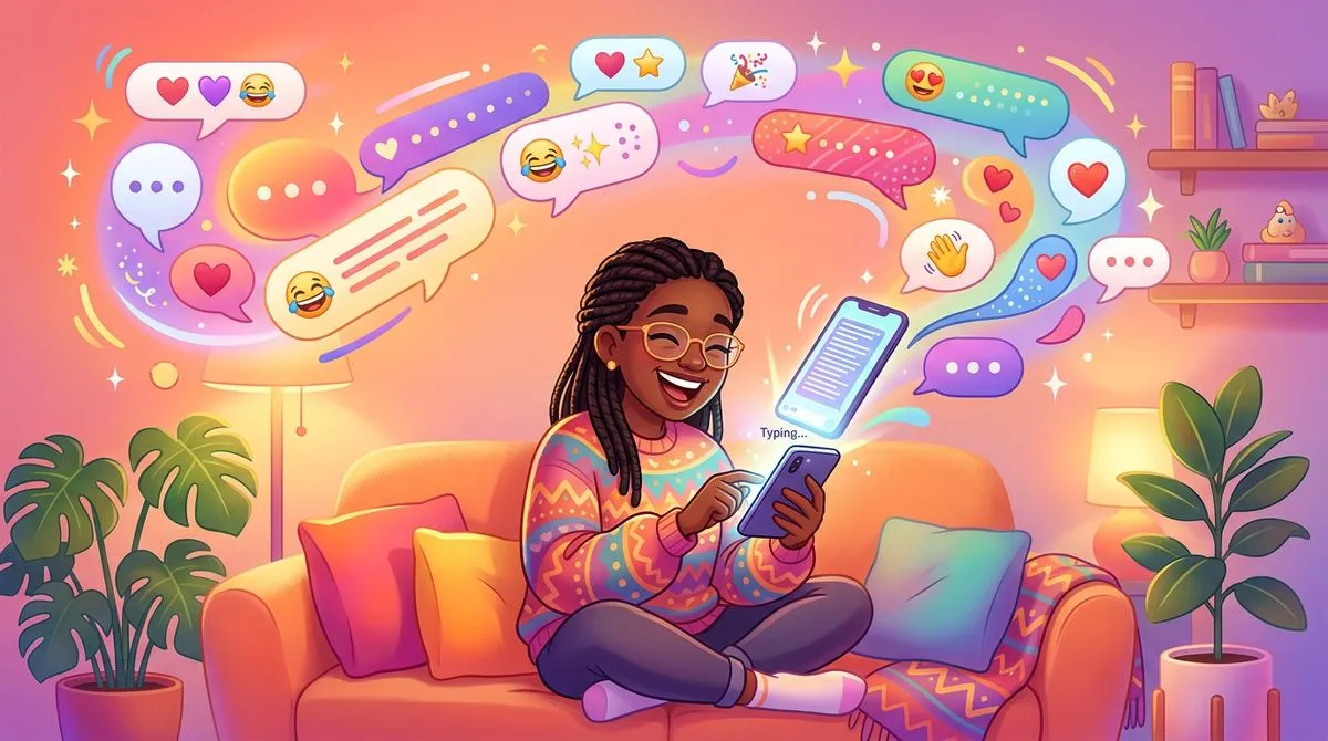 スマートフォンで長い会話を楽しんでいる人のイラスト