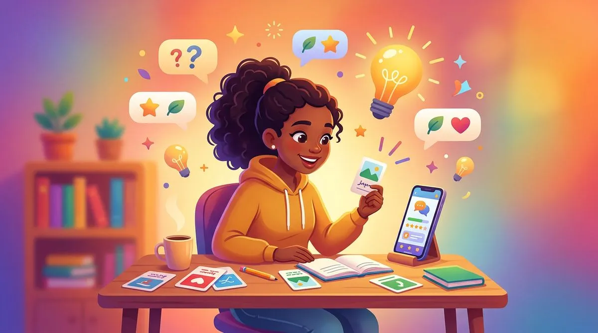 スマートフォンで語彙テストの結果を確認し、嬉しそうに眺めている人のイラスト