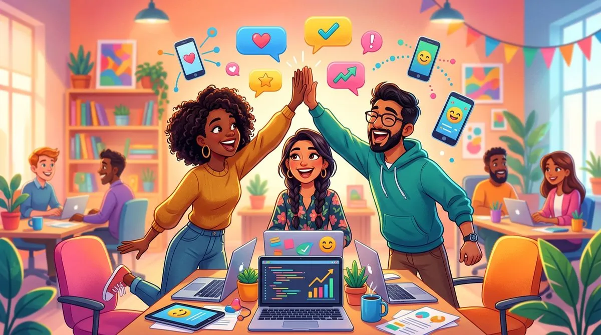 プロジェクト完了後にハイタッチする同僚のイラスト