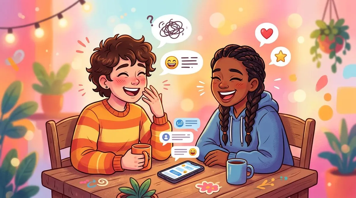 友達と英語で話して笑い合っているイラスト