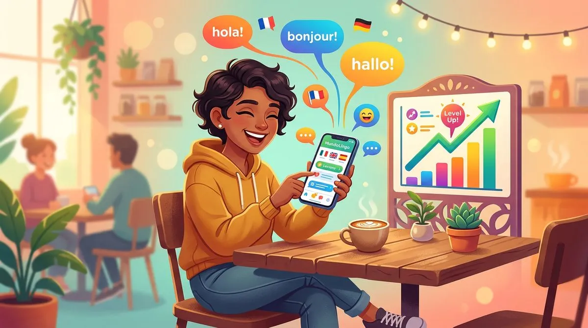 スマートフォンでPelatのAI会話を楽しんでいる様子のイラスト