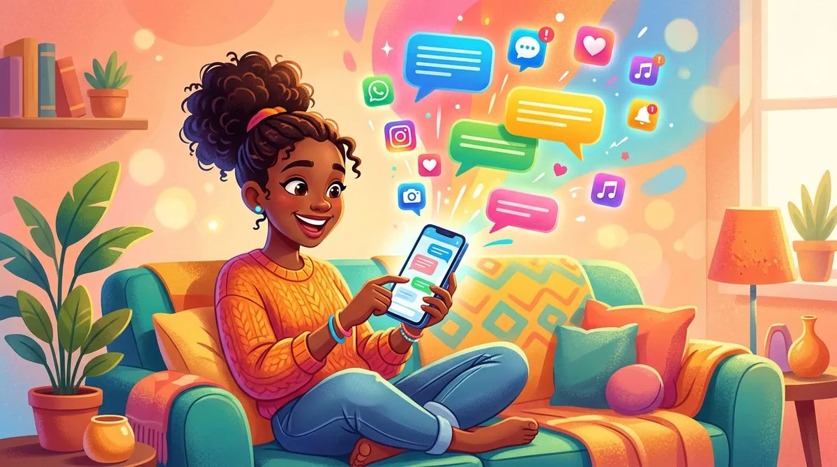 ソファでスマートフォンを持ちながらニコニコ返信している人のイラスト