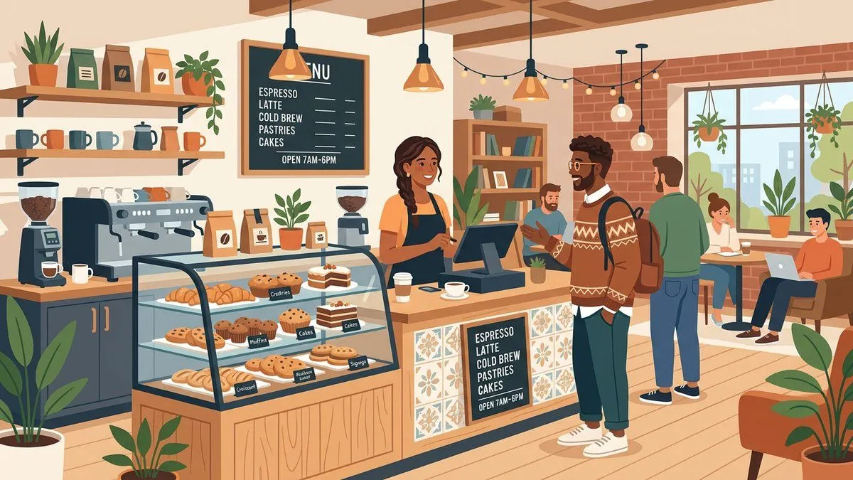 おしゃれなカフェで注文するシーンのイラスト