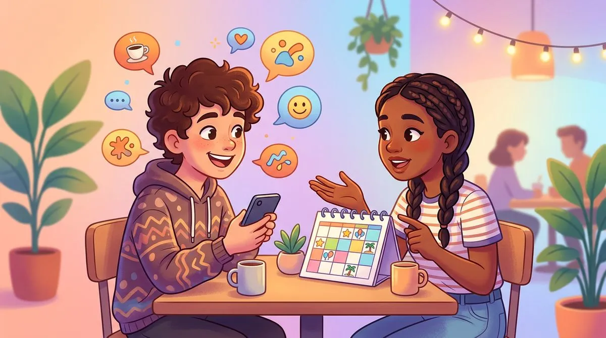 カフェで週末の予定を話し合う友達のイラスト